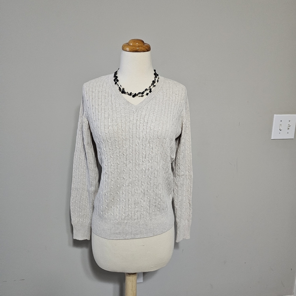 Kim Rogers Petite PM 100% Cotton Cable Knit V-Neck Sweater Light Beige Oatmeal